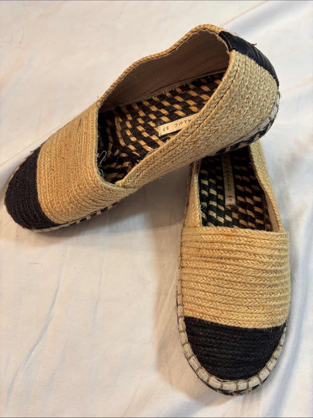 Zara Trafaluc Natural and Black Woven Espadrille Flats, SZ 6.5 New